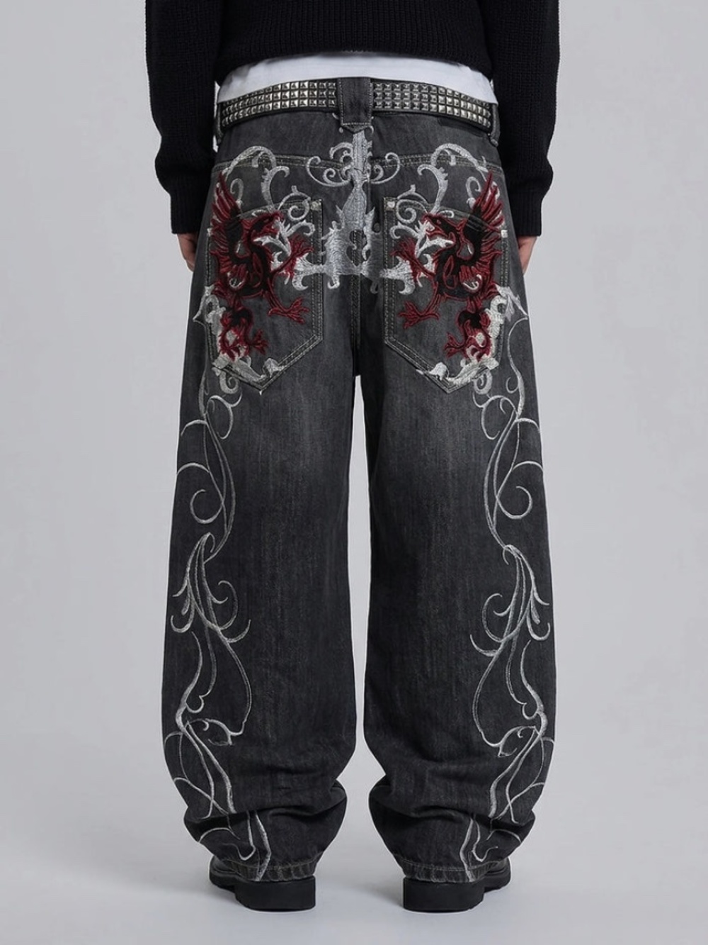 Y2K Washed Black Gothic Embroidered Baggy Wide Leg Jeans L